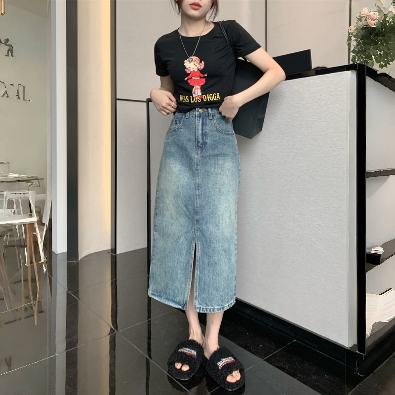 Rok Denim Belahan Wanita / Rok Denim Pinggang Tinggi / Gaya Korea / Rok Denim A-Line Wanita