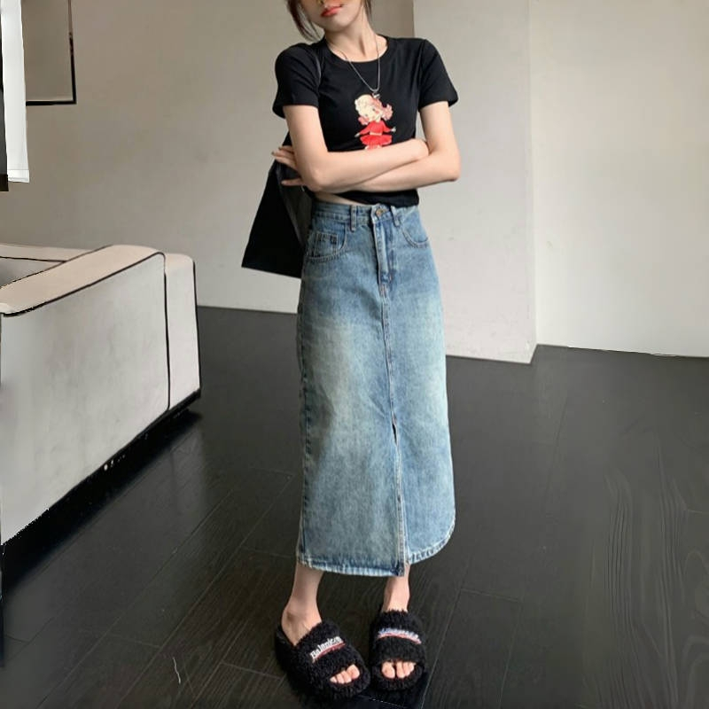 Rok Denim A-Line 7/8 Wanita / Rok Denim Pinggang Tinggi / Gaya Korea Terbaru / Rok Belahan Wanita