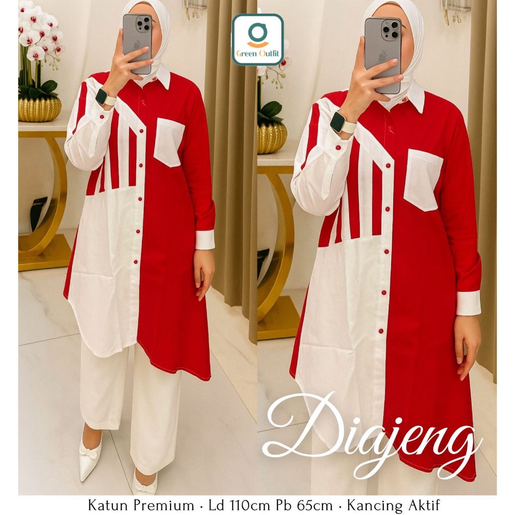 Diajeng tunik wanita ld 110 katun premium polos merah putih kancing aktif baju kemeja atasan terbaru