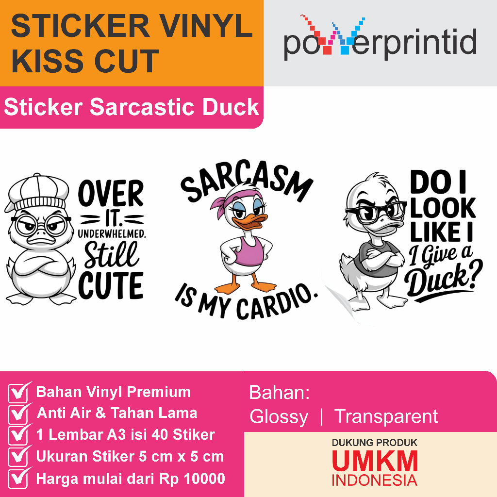 

Sticker Bebek Sarcastic Lucu – Vinyl Kiss Cut | Waterproof & Tahan Lama | 40 Desain Unik A3