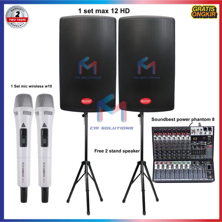 PAKET SOUND SISTEM UNTUK ACARA HAJATAN KAR0UKE PESTA 1 SET BARETONE MAX12 HD 1 SET W10 1 UNIT PHANTO