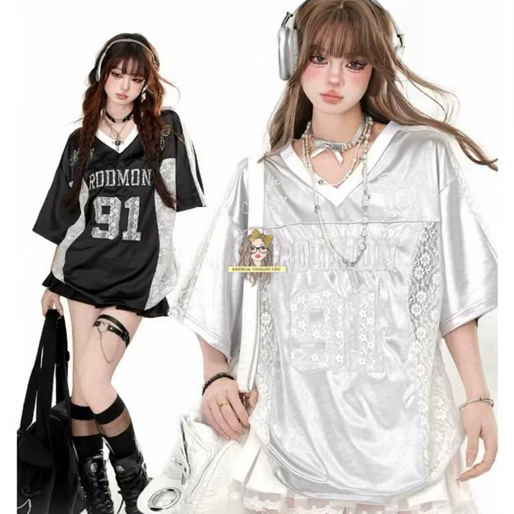 [PO] 100% PREMIUM QUALITY BAJU ATASAN KAOS JERSEY WANITA LACE SILVER BLACK HITAM RODMON 91 KPOP KORE