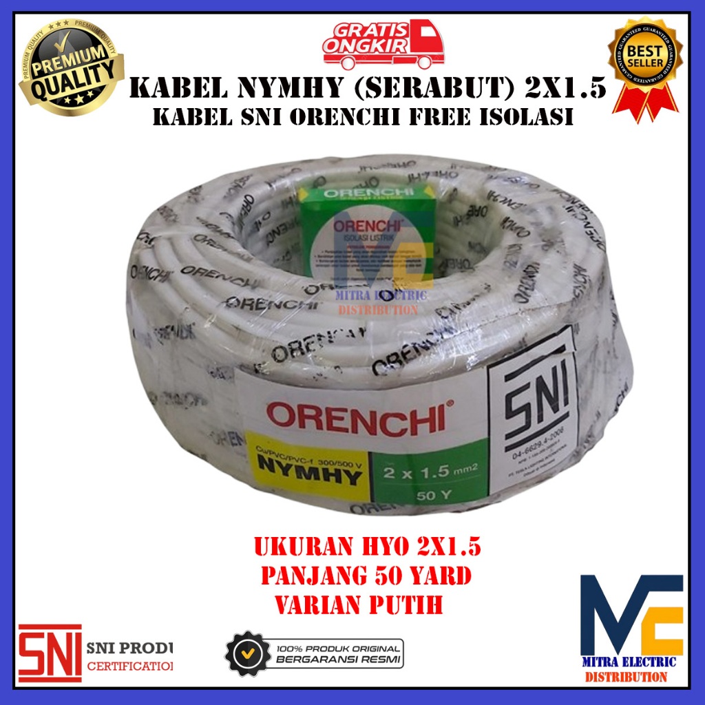 kabel serabut hyo 2x1.5 orenchi putih/kabel nymhy 2x1.5/kabel serabut