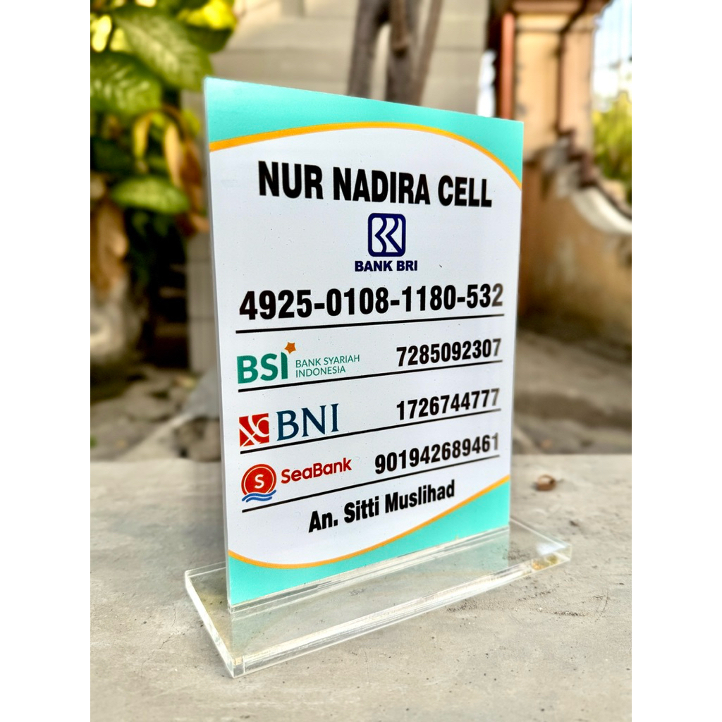 

UKURAN 15x20cm PAPAN AKRILIK MEJA BISA CUSTOM / EDIT NOMOR E-WALLET REKENING DLL