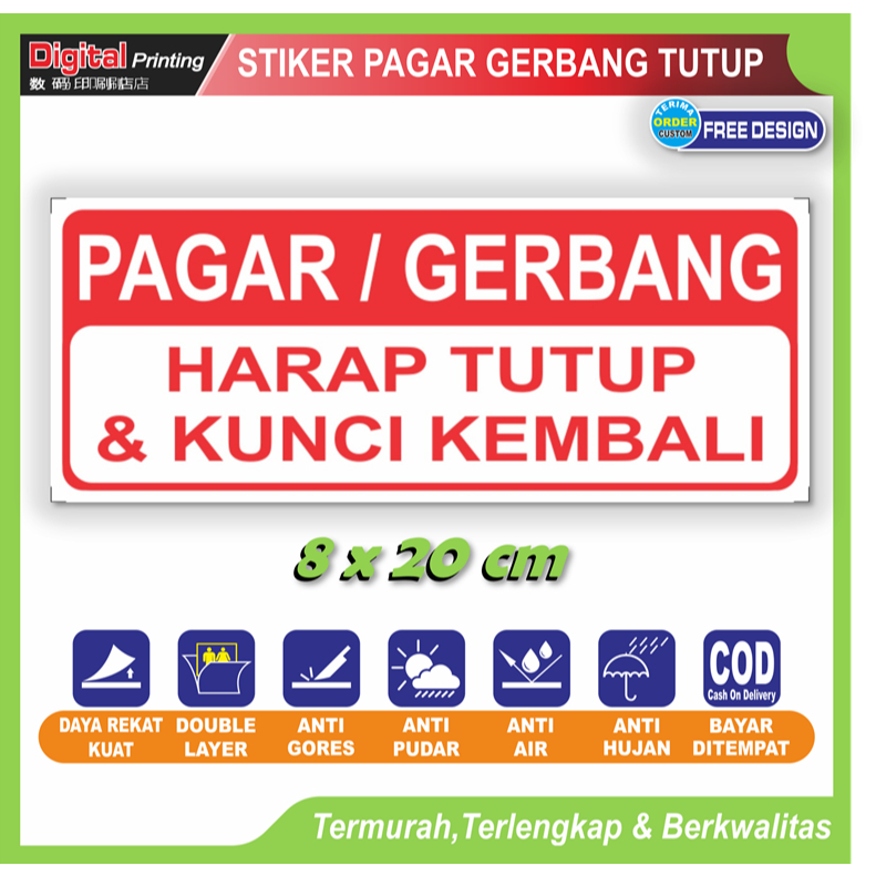 

Stiker tulisan pagar gerbang harap tutup kunci kembali sticker peringatan keamanan lingkungan rumah