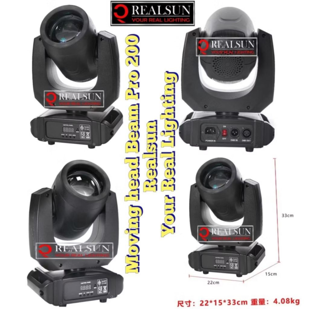 Moving head beam pro200 - 200watt by realsun - your real ligthing gobo spot,  prisma 8, dan 16 prism