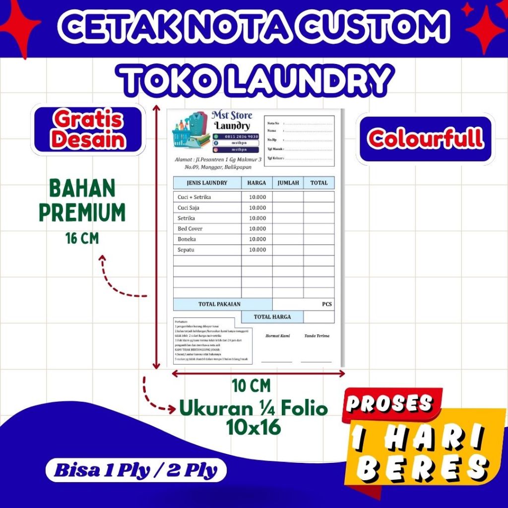 

Nota Custom Laundry set ukuran 1/4 polio 1 ply dan 2 ply bebas desain