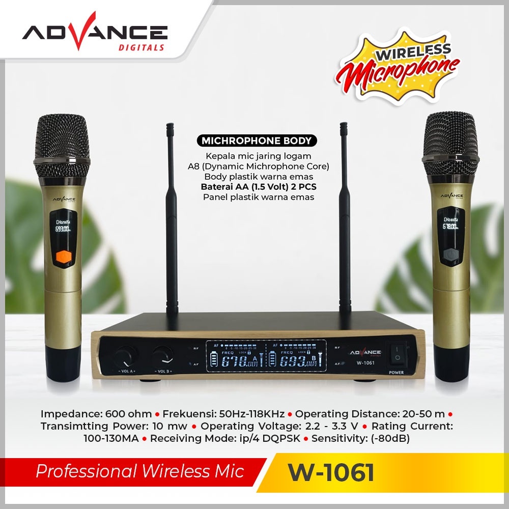 Microphone Advance W1061 / W-1061 Dual Mic Wireless Profesional Microphone + Amplifier Mic