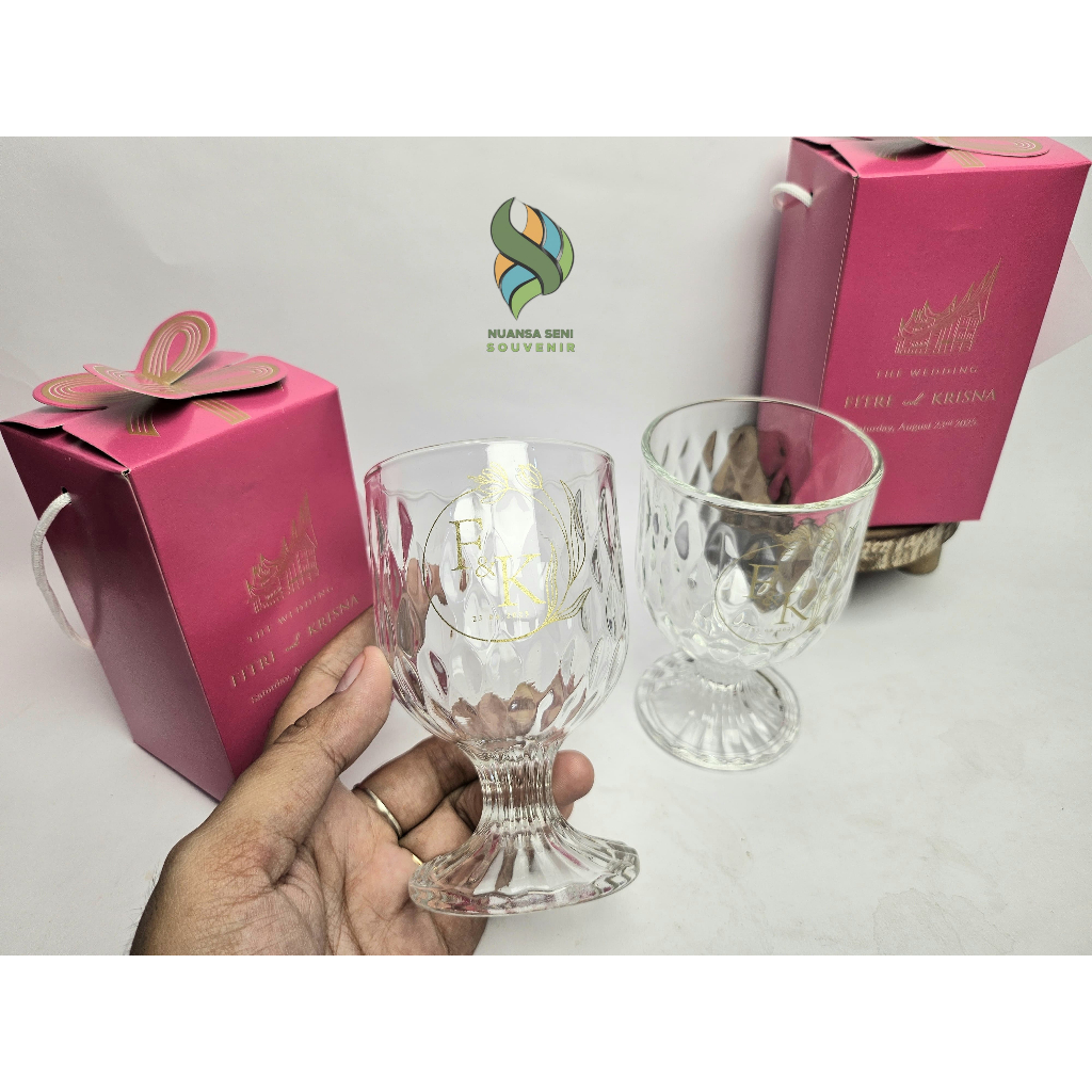 Souvenir Pernikahan Gelas Kaca Kaki Wine Crystal 200ml Tumbler Minum Mewah Elegan Diamond Sablon
