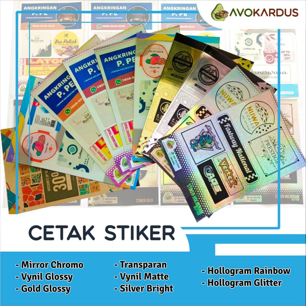 

Cetak Stiker Sticker Bahan Mirror / Vinyl / Transparan/ Gold/ Silver/ Hologram Ukuran A3+