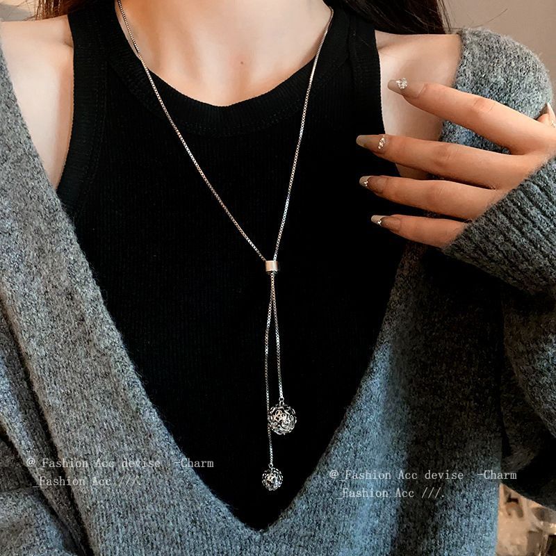 Kalung Rantai Panjang Liontin Rumbai 2 Bola Kalung Rantai Panjang Liontin Bulat Rumbai Mutiara Kalun