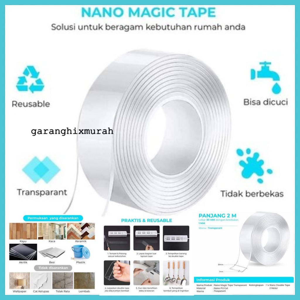 

Nano Double Tape Bening Magic Tape Lebar 30mm Panjang 2 Meter Acrylic Washable Tahan Air