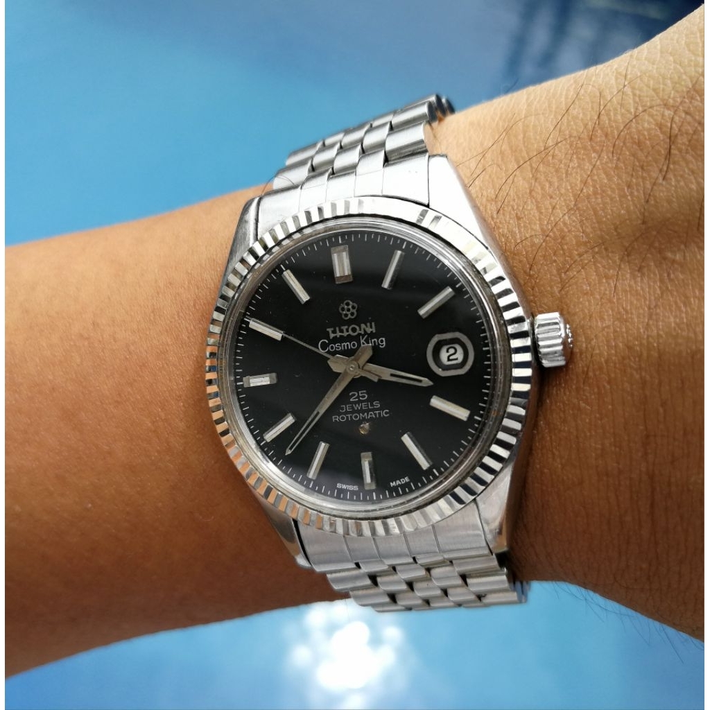 70s Vintage Titoni Cosmo King cosmoking rotomatic automatic 14k rim White Gold fluted bezel Black Di
