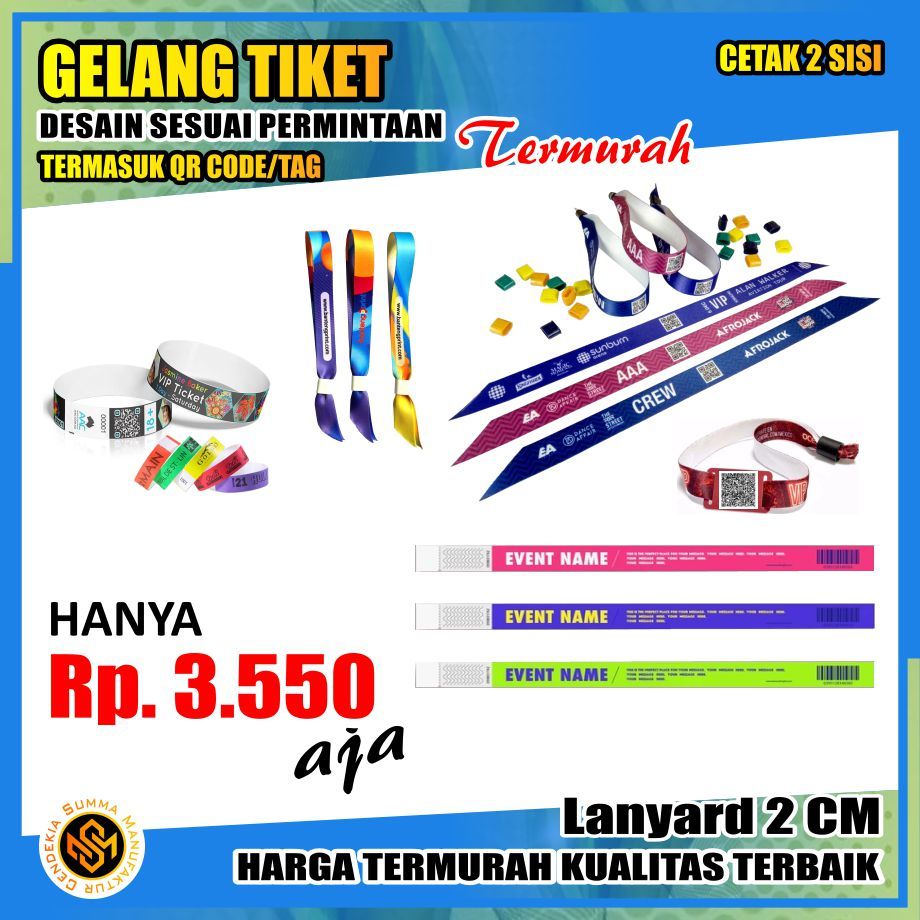 

Gelang Tiket Lanyard Tali ID Card Custom Tissue Tisu Kalung Full Colour Lebar 2 CM Cetak 2 Sisi Termasuk QR Code Tag