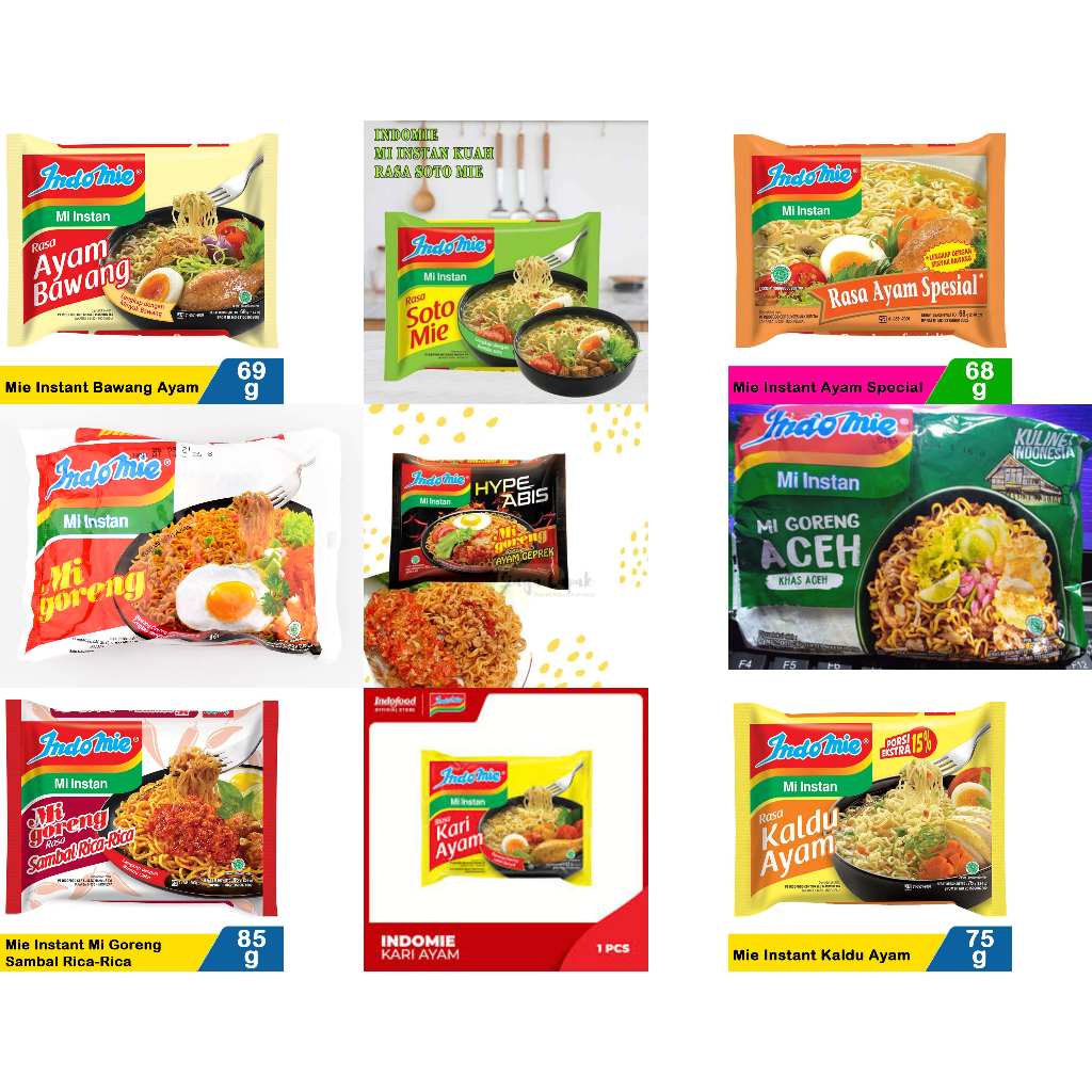 

INDOMIE MIE INSTAN ALL VARIAN SOTO MI GORENG KARI AYAM GEPREK RICA RICA ACEH KALDU AYAM