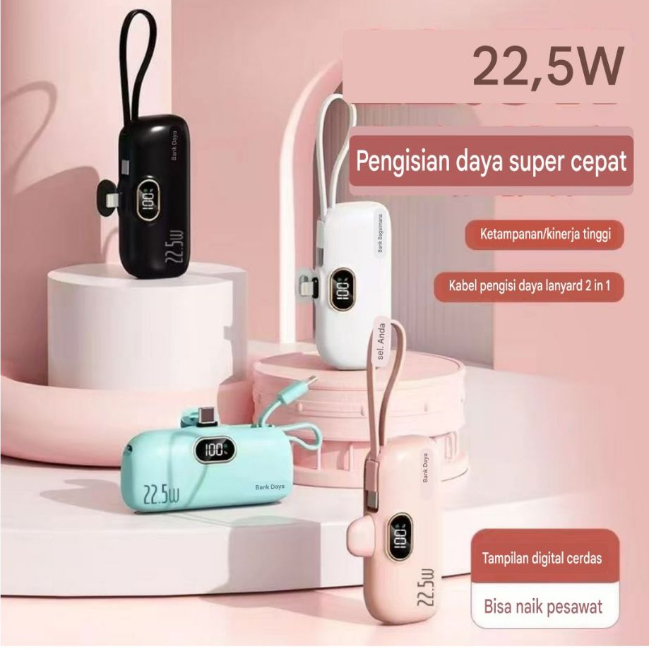 Power Bank Kapsul Mini 5000mAh 22.5W Fast Charging Portable Kabel Type-C & IOS Lightning Pengisian D