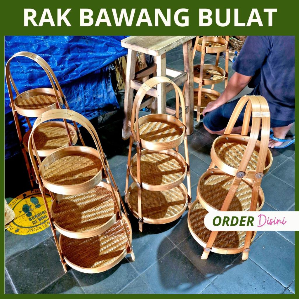 KERAJINAN BAMBU / Rak Bawang Bumbu Bulat Susun 3 - Wadah Rak Bawang Susun 3 - Anyaman Bambu Susun 3 