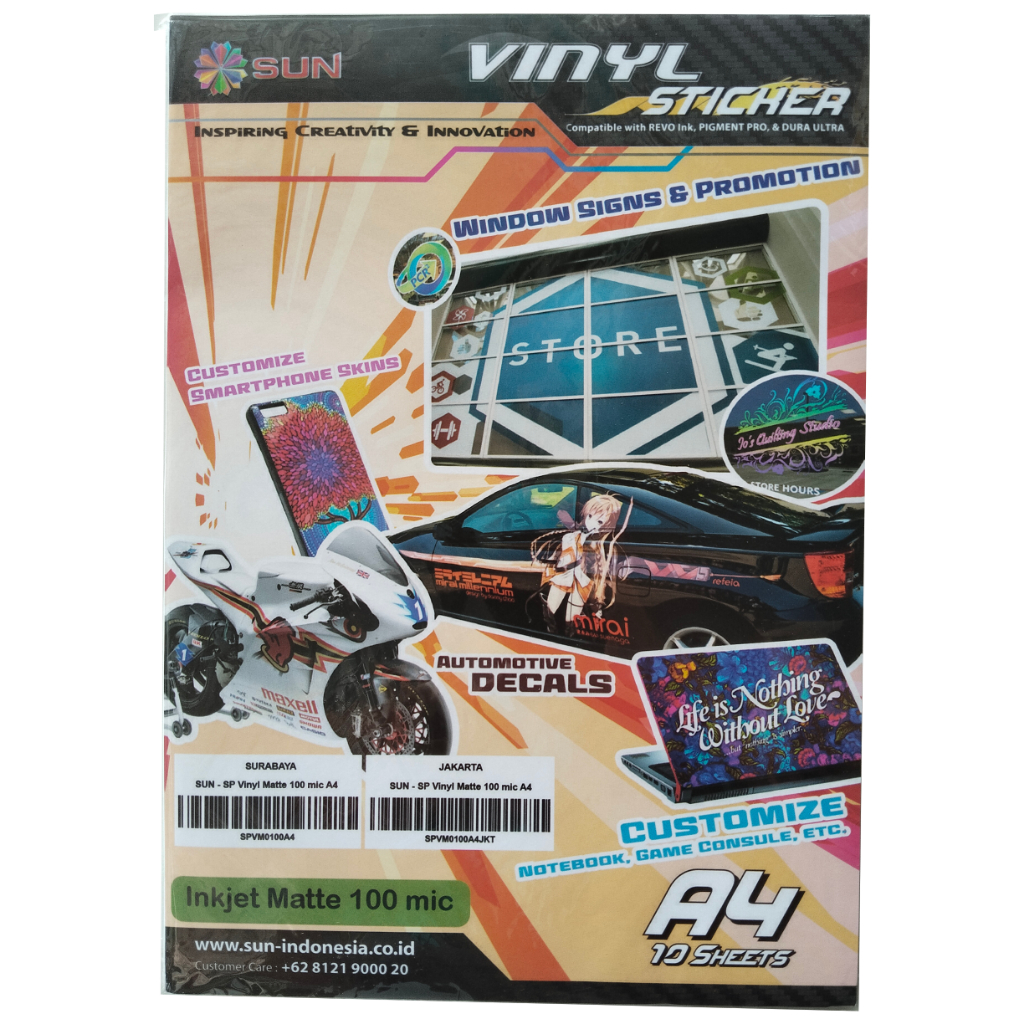 

Kertas Sticker Vinyl Sun Anti Air A4 Glossy / Matte / Transparan
