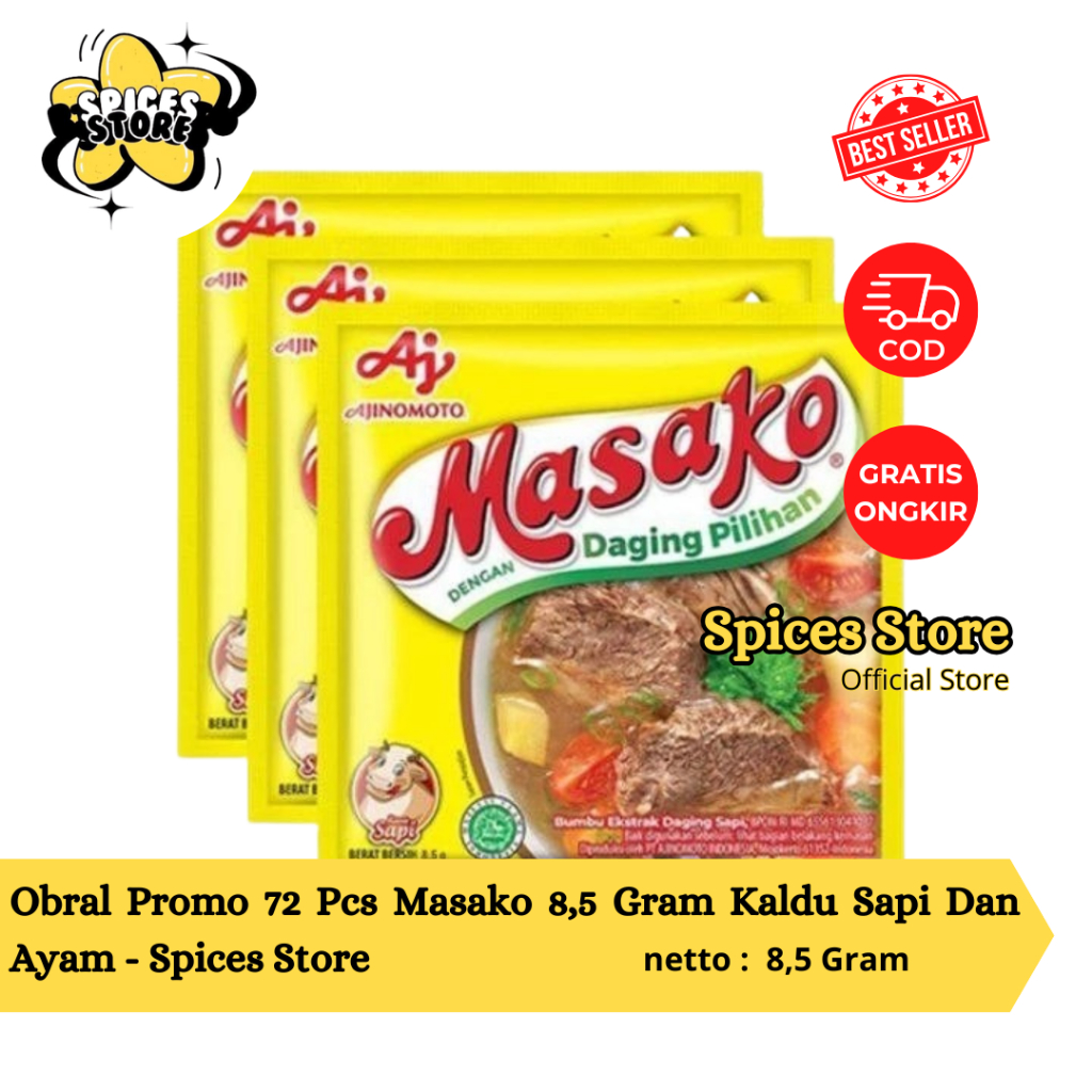 

Obral Masako Promo 72 Pcs Masako 8,5 Gram Kaldu Sapi Dan Ayam - Spices Store