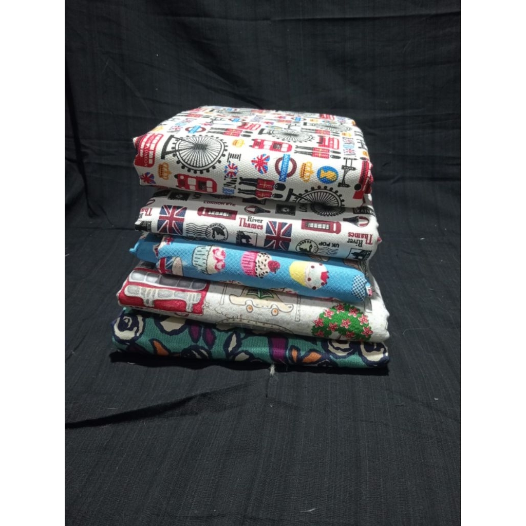 Kain Kanvas Motif Berkarakter – Tema Vintage London | Bahan Tebal Cocok untuk Tas, Bantal, DIY Craft