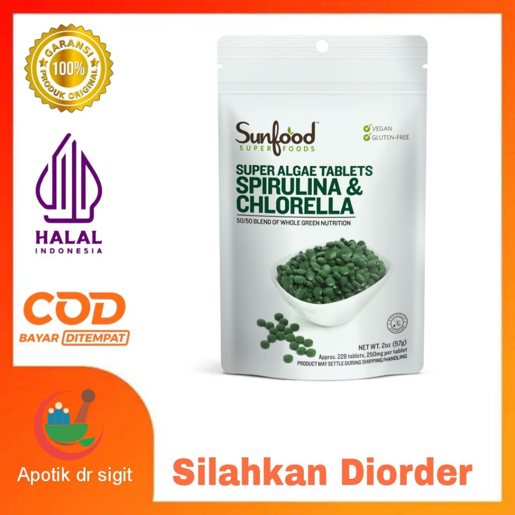 New Sunfood SPIRULINA CHLORELLA Super Algae 250Mg 228 Tablet Original