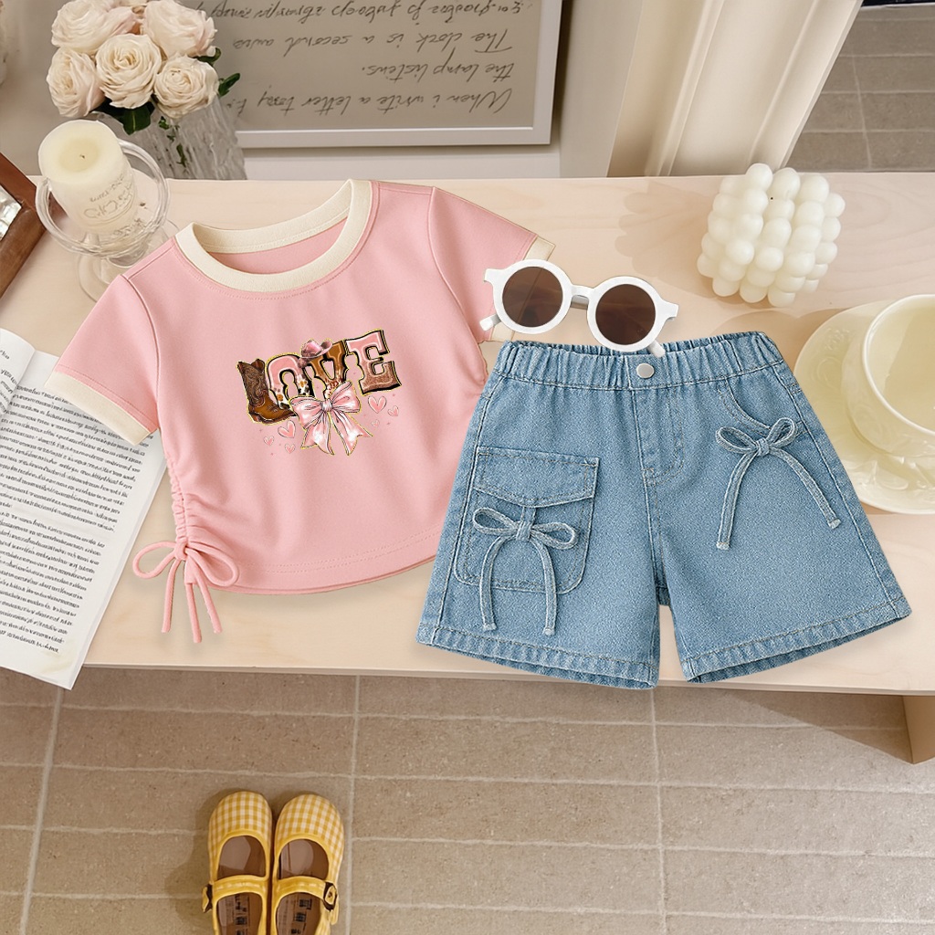 One Set Anak Cewek Baju Crop Lengan Pendek Love West Celana Pendek Jeans Tali Anak Perempuan Stylish