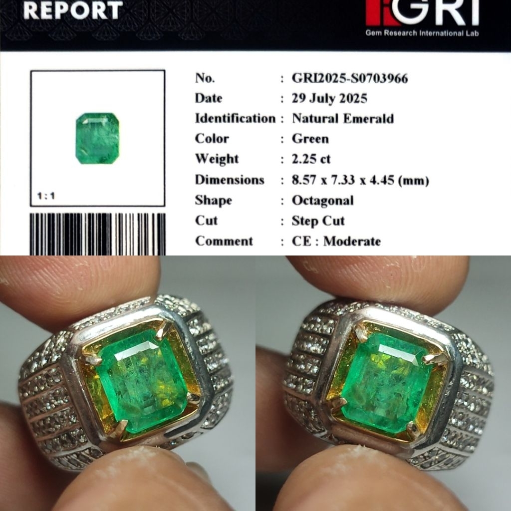 Natural Emerald Zamrud 2.2ct GRI Top Crystall Warna Cakep Good Luster Siang Malam Ring Perak Tebal M
