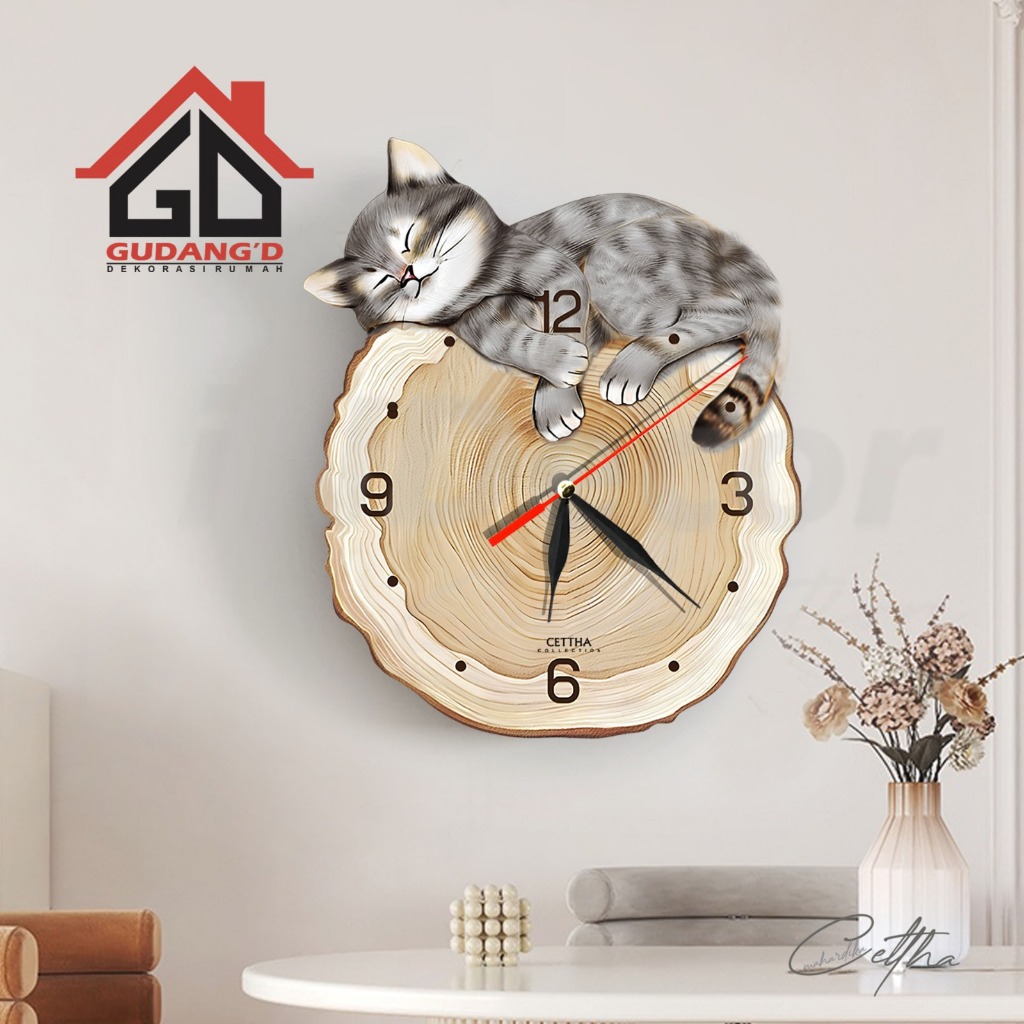 Gudang'D - Jam Dinding Kucing Tidur Lucu Unik / Jam Dinding Aesthetic / Jam Dinding Tempel