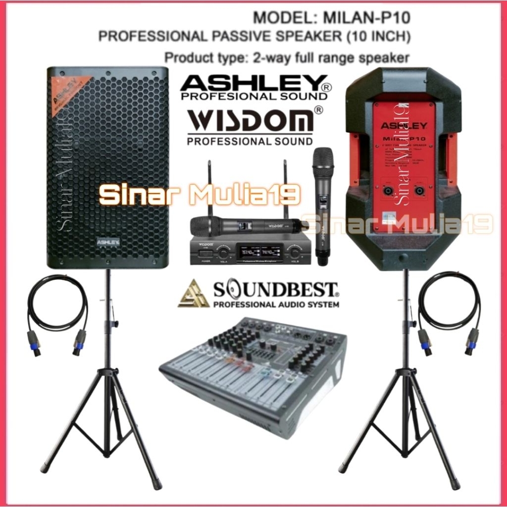 Paket Karaoke Speaker Ashley Milan P10 Power Mixer Soundbest 6 Ch Mic Wireless Wisdom Original ( Fre
