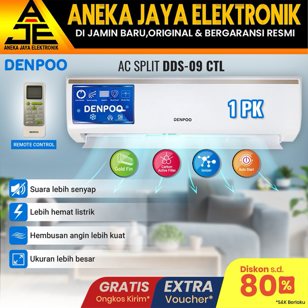 AC SPLIT DENPOO 1 PK PENDINGIN RUANGAN FREON R32 -DDS 09 CTL ( PLUS PASANG )