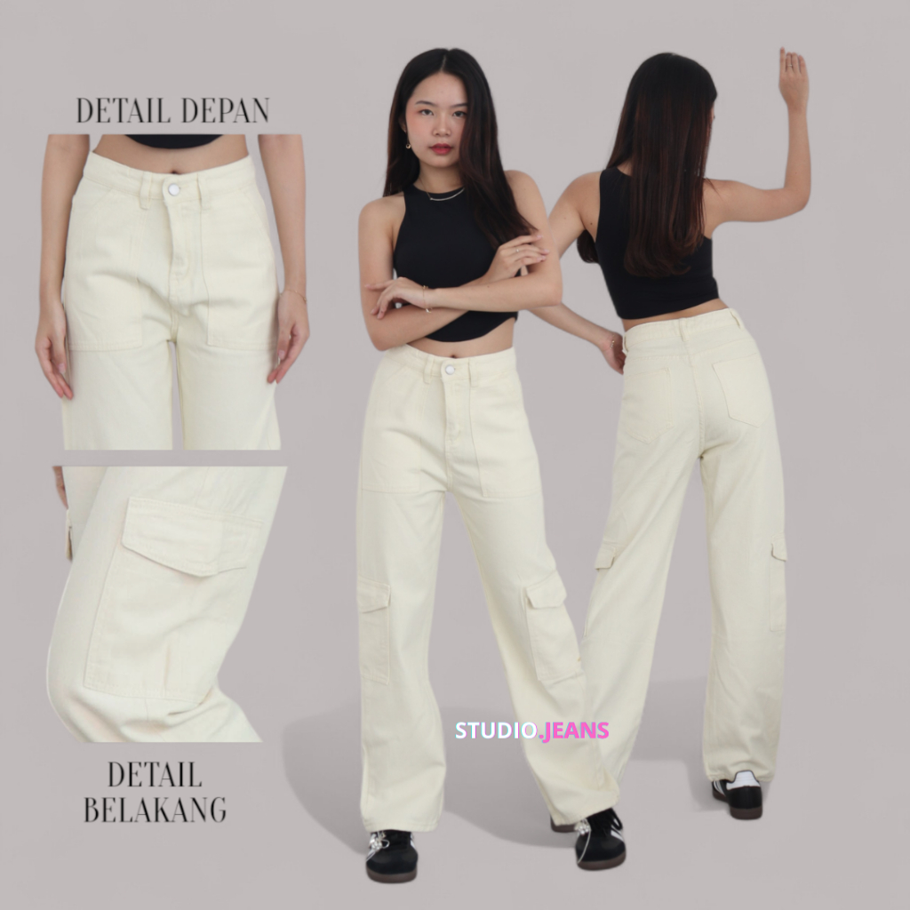 X56 Cream - Women Cargo Pants Celana Panjang Wanita Cargo Warna Cream STUDIO.JEANS
