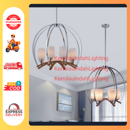 SL70704 LAMPU GANTUNG HIAS KAYU MINIMALIS MODERN RUANG TAMU MEJA MAKAN SILVER PENDANT LAMP