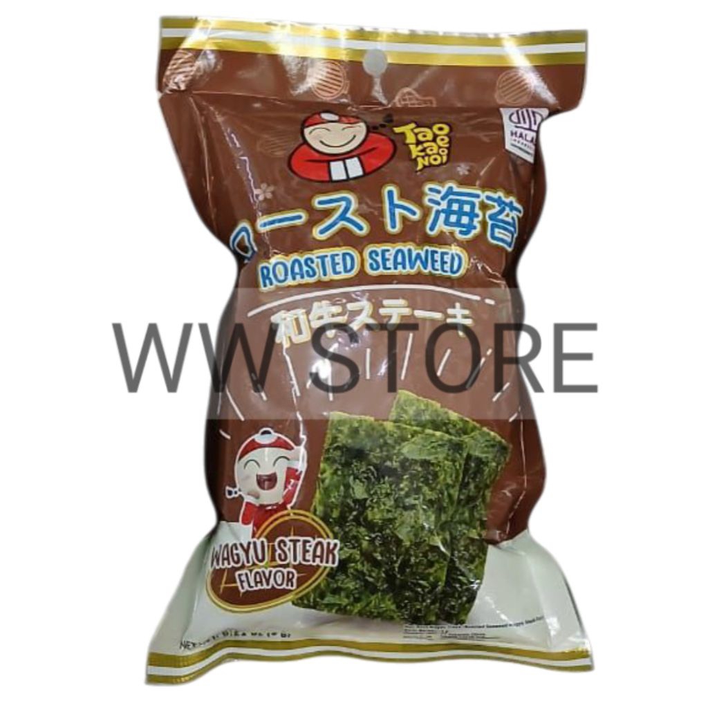 

Cemilan snek makanan ringan rumput laut nori rasa daging sapi halal MUI Thai Thailand Tao Kae Noi ROASTED SEAWEED Wagyu Steak Flavor Flavour 6g