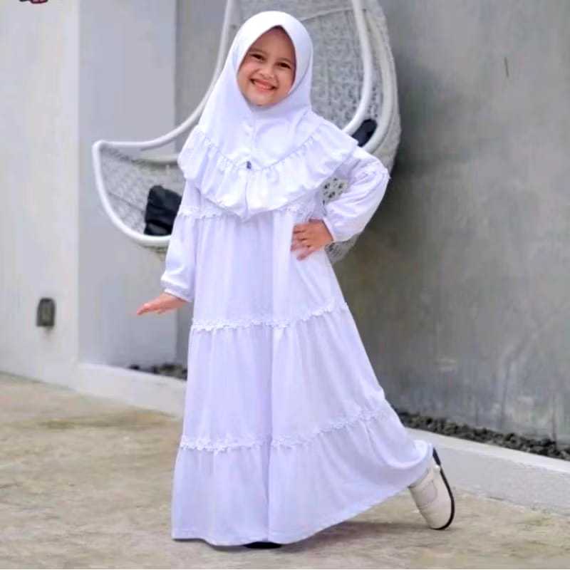 Set Gamis Anak Warna Putih Manasik Syar'i Set Hijab