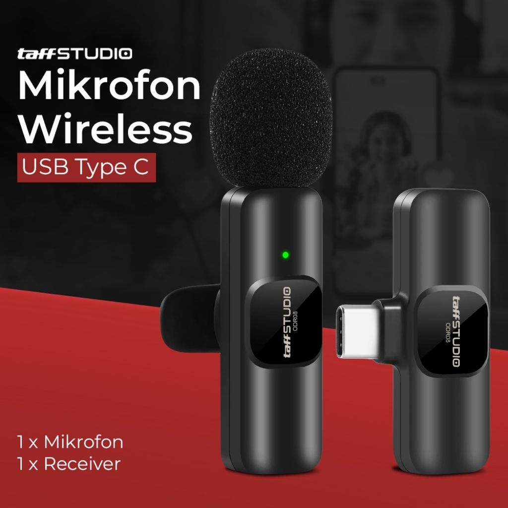 TaffSTUDIO Mikrofon Wireless Lavalier Portable Microphone USB Type C - ODR08 - Black/ Mic HP/ Microf