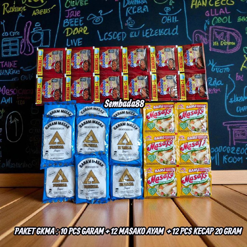 

PAKET HEMAT 19 RIBUAN 10 PCS GARAM 100 GRAM + 12 PCS MASAKO / ROYCO + 12 PCS KECAP SEDAAP 20 GRAM / GARAM / GAREM
