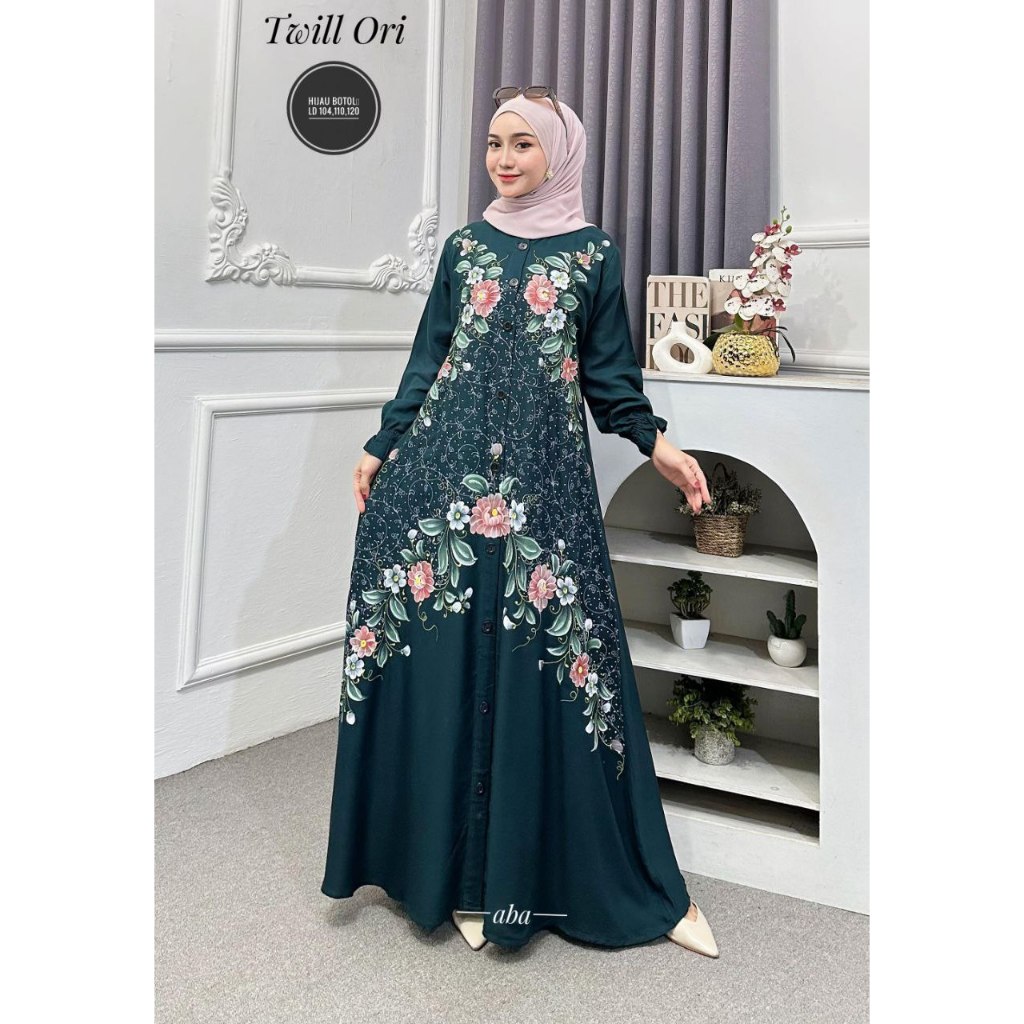 Ferisa gamis twill ori gamis lukis terbaru motif bunga gamis warna hijau botol