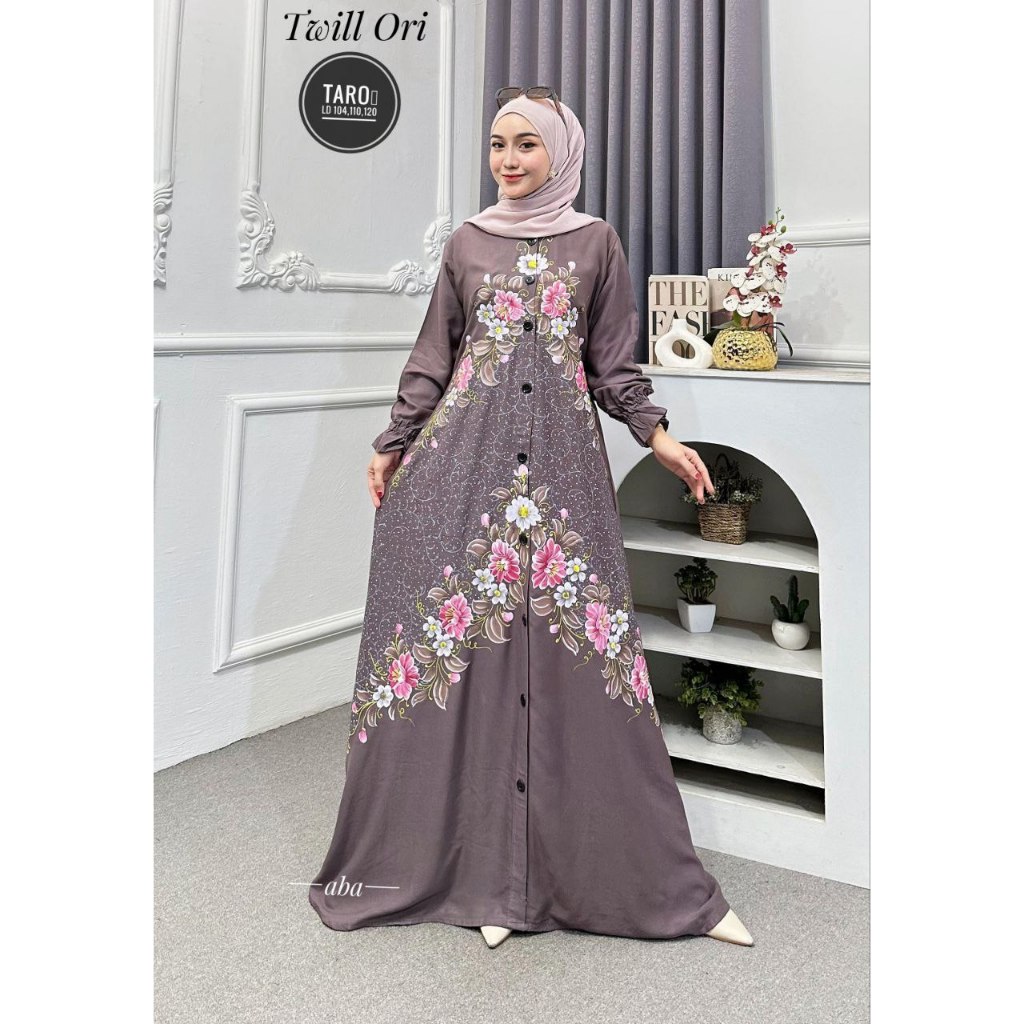 Ferisa motif terbaru Gamis lukis twill ori gamis warna taro gamis hitam gamis putih gamis bunga