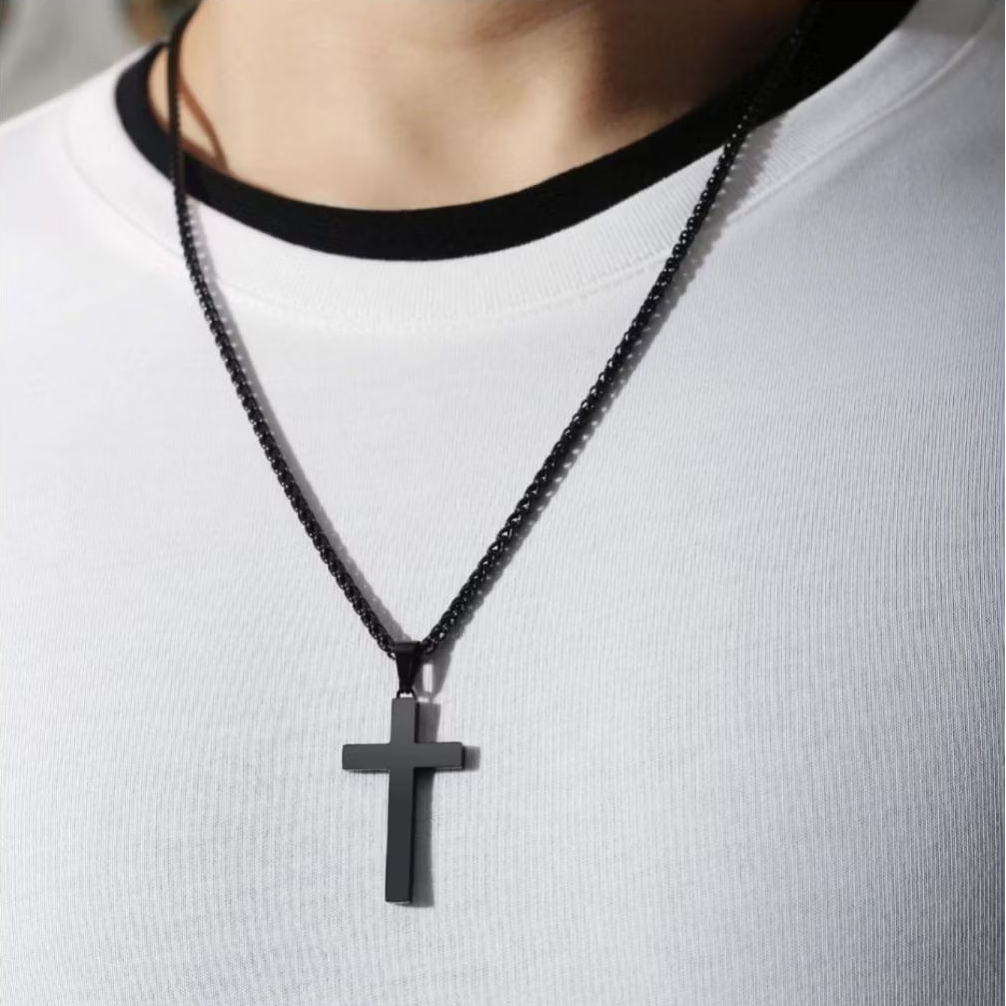 Kalung Salib Titanium Tulang Naga Pria/ Wanita - Desain Elegan+Bisa Ukir Nama