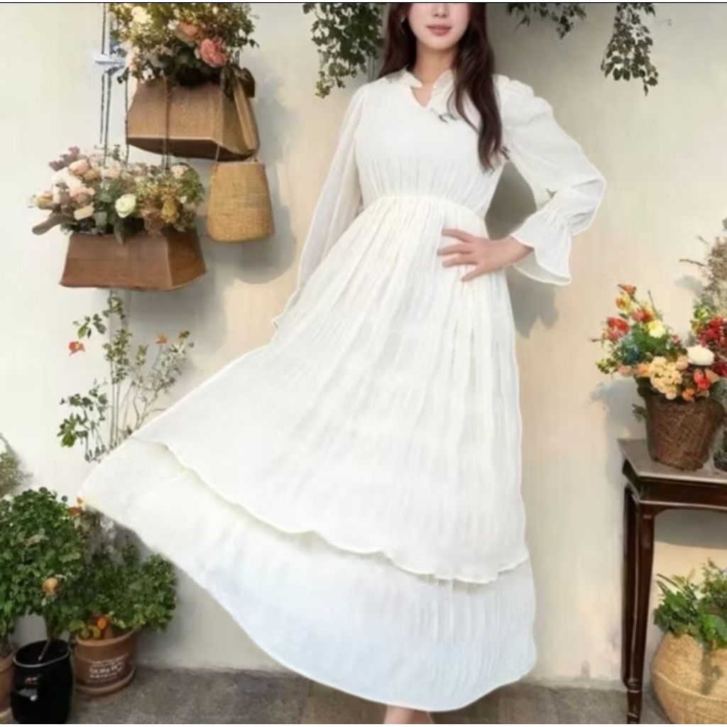 Long Dress Pleats Lengan Panjang Korean Style Casual