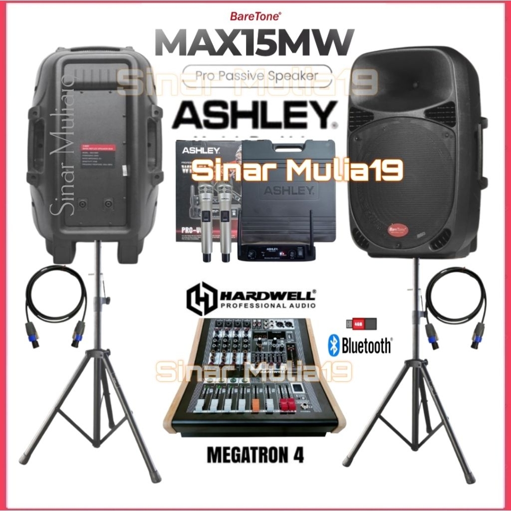 Paket Sound System BareTone MAX15MW Speaker 15 Inch Power Mixer Hardwell Megatron Mic Wireless Ashle