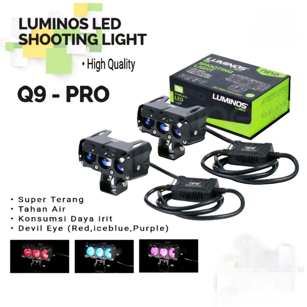 LAMPU LED TEMBAK LASER 3 MATA LUMINOSLED Q9 Q9PROHi LOW MOBIL MOTOR 2 WARNA SUPER TERANG