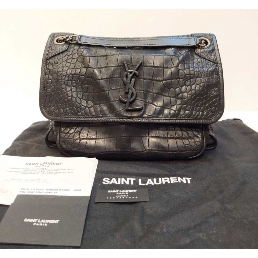 Preloved 2019 YSL Niki Medium Croco Embossed So Black RHW