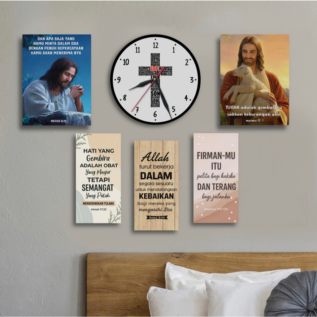 Jam Dinding Rohani Hiasan Salib Dekorasi Kamar DOA Quotes Ayat Alkitab Poster Yesus (set 6pc)