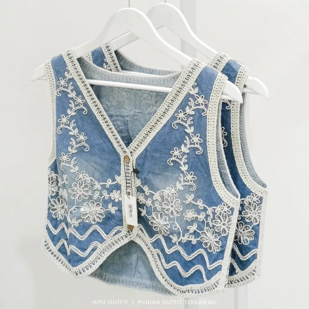 Malaya Vest Jeans Bordir Rompi Wanita Full Bordil Kancing Aktif Korean Style