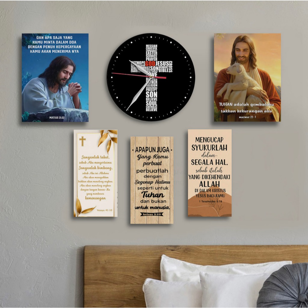 Jam dinding salib Yesus + 5 hiasan dinding kristen