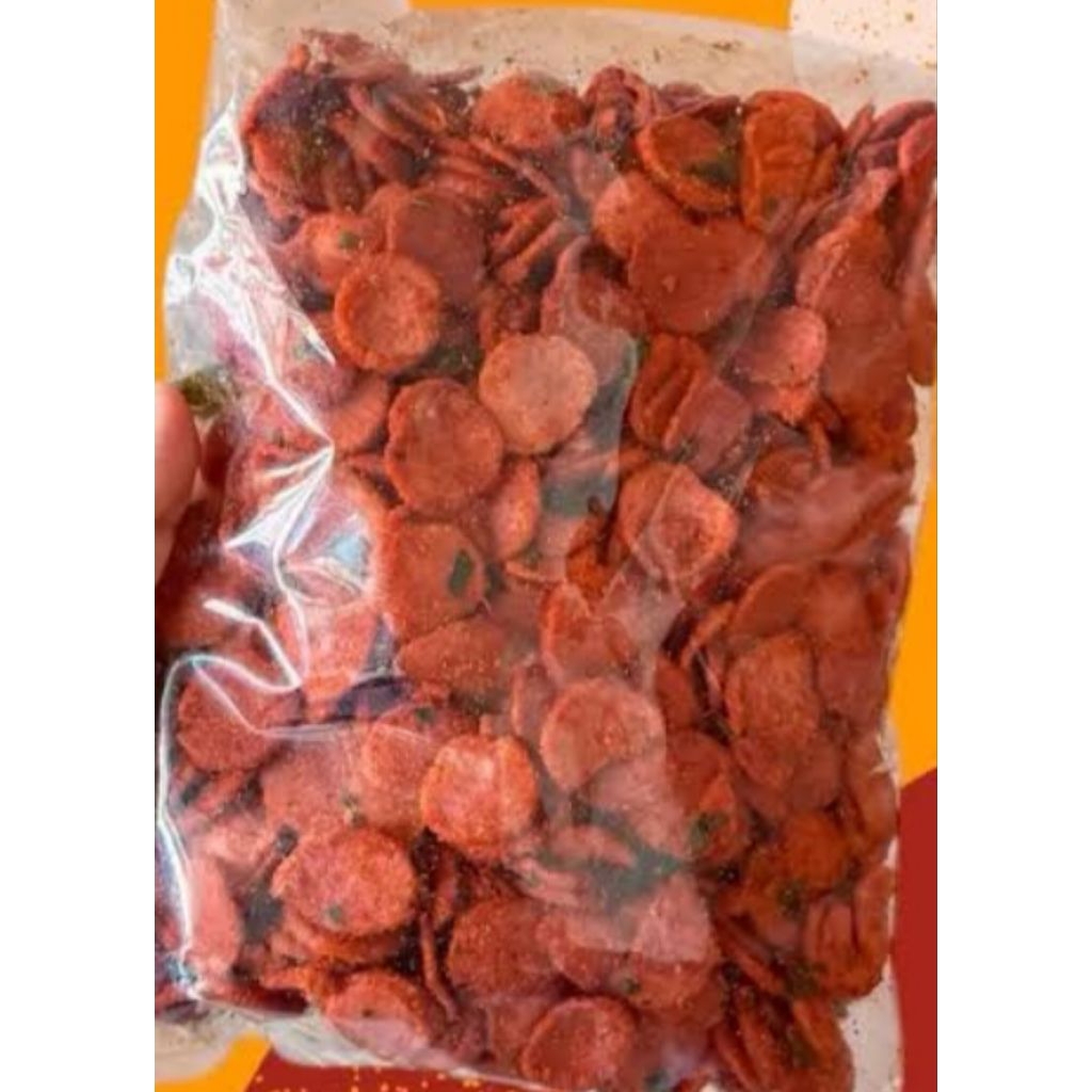 

Keripik sosis goreng crispy pedas gurih extra daun jeruk kemasan 250 gram