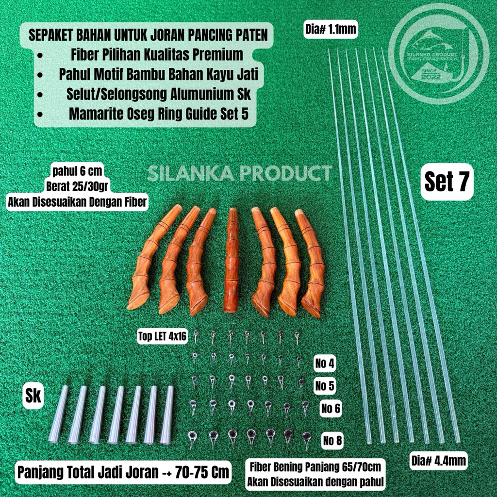 Sepaket Bahan Untuk Joran Pancing Siap Lilit Benang/ Bahan U/Joran Paten P.70-75cm Fiber Bening
