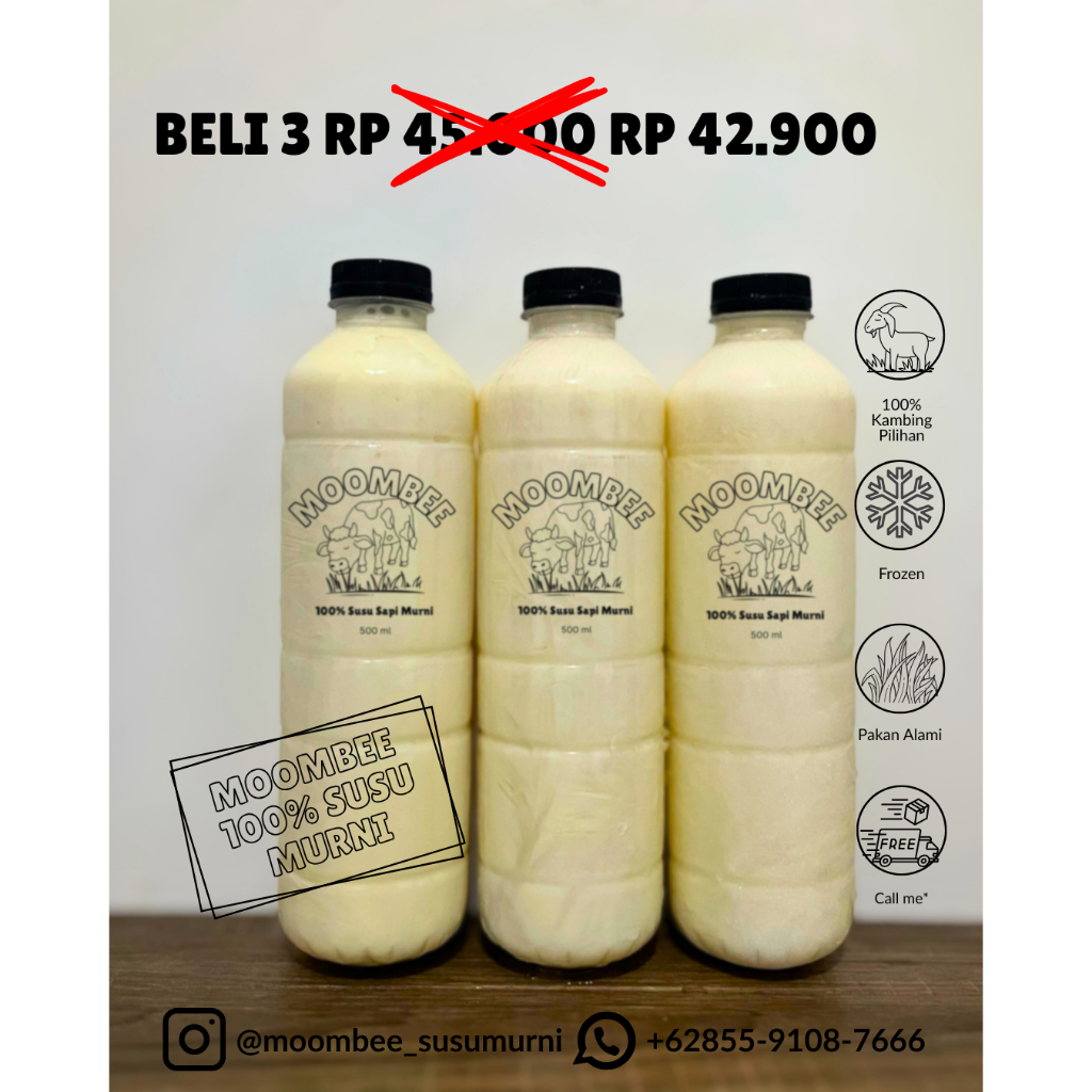 MOOMBEE Susu Sapi 100% Murni 500ml Bundle 3 Botol | Susu Segar Tanpa Gula dan Pengawet