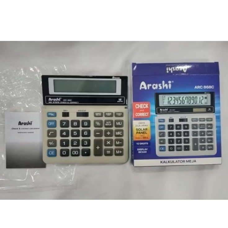 

Arashi Calculator ARC 868C - Kalkulator - 12 digits - Two way power - Solar - Baterai - Check - Correct - Hapus - Layar Besar - Cell Battery